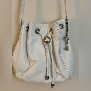 Vintage Fossil White Leather Bucket Purse w/Braided Drawstring & Silver Accents